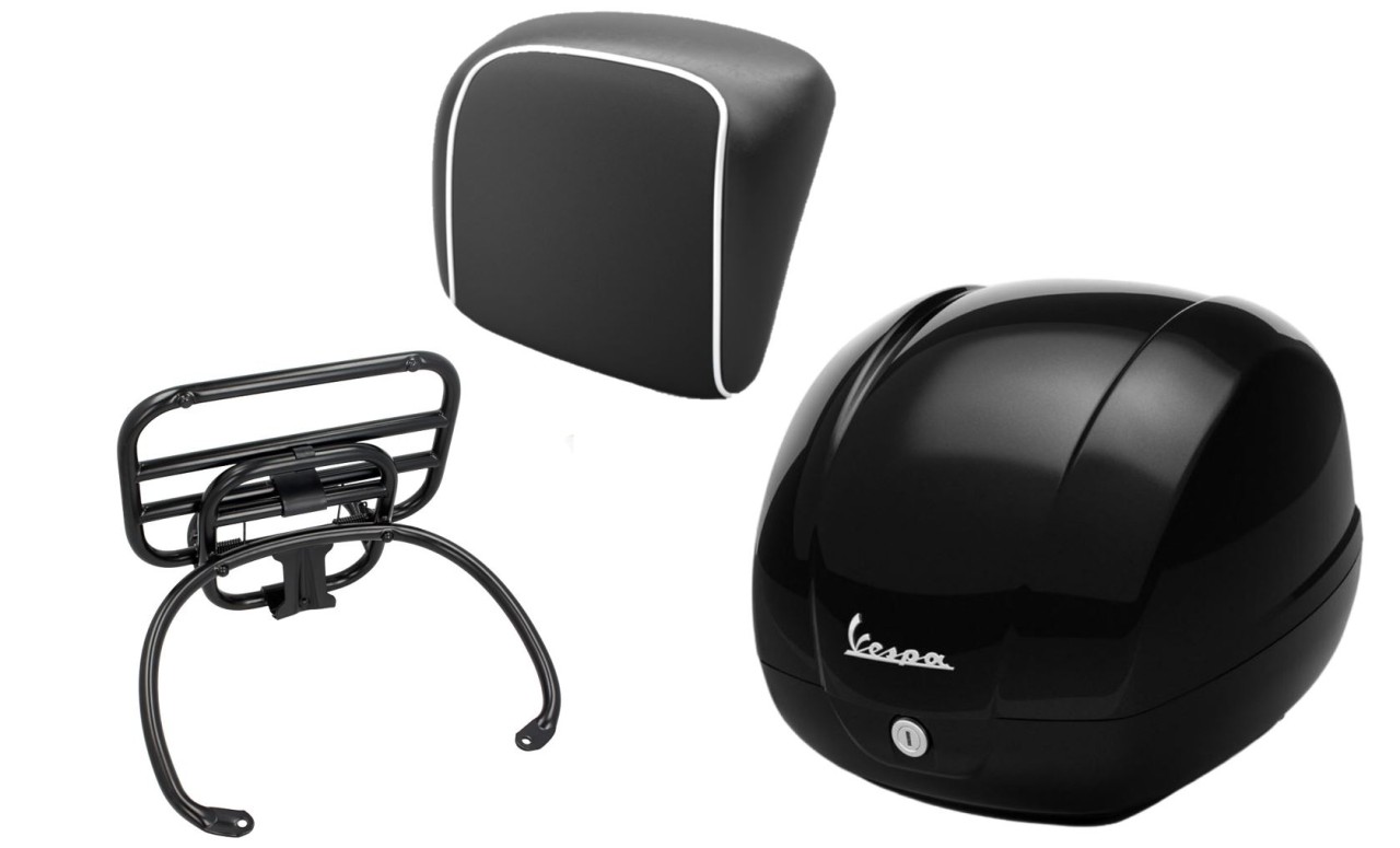 Kit bauletto 36L nero cosmo (98/A), portapacchi nero, cuscino posteriore nero per GTS 125/300/310