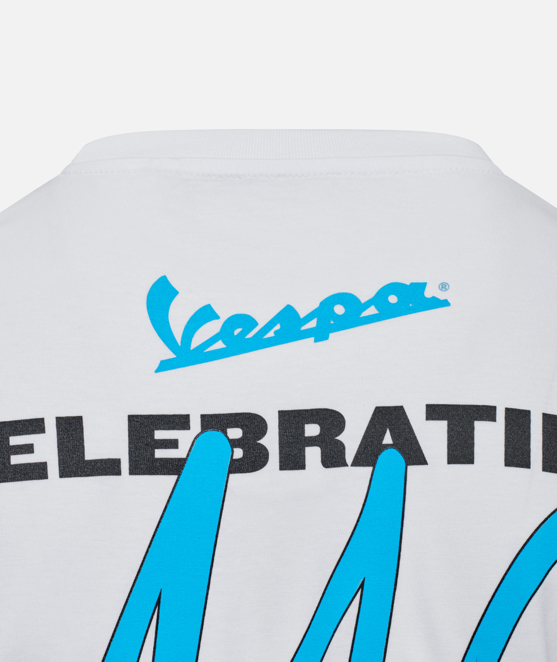 Maglietta Vespa "140 anni Piaggio" bianco blu